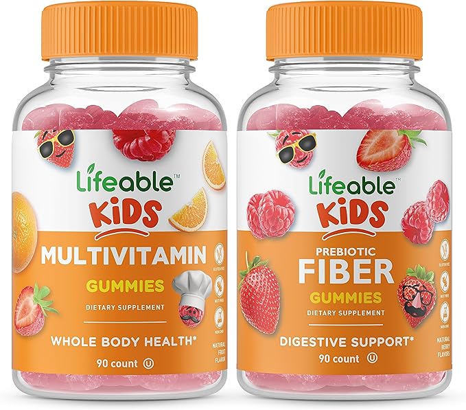 Lifeable Multivitamin Kids + Prebiotic Fiber Kids Gummies Bundle - Great Tasting Vitamin Supplement Gluten Free GMO Free Chewable Gummy
