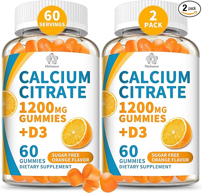 (2 Pack) Calcium Citrate 1200 mg Gummies with Vitamin D3 High Absorption Calcium Supplements for Women &amp Men Sugar Free Non-GMO Gluten Free Supports Muscle &amp Immune - Orange Flavor