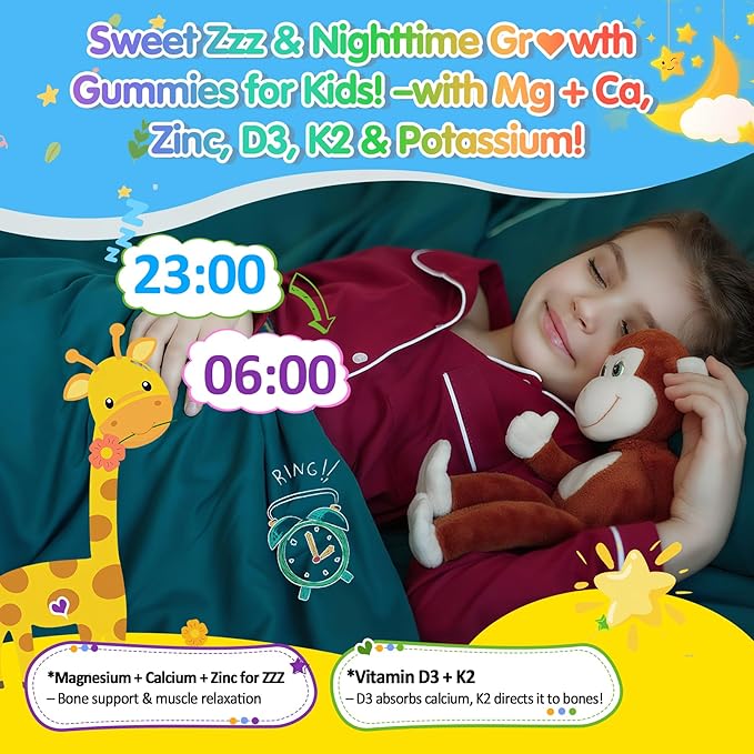 Kids 4+ Magnesium + Saffron Sleep Gummies Relax Happy Filled Gummy Bedtime Calcium Zinc Mineral + Multivitamin Gummies Melatonin Free | Vitamin D3 K2 | Bone Only Need 1 Gummy - Sweet Dream Magic