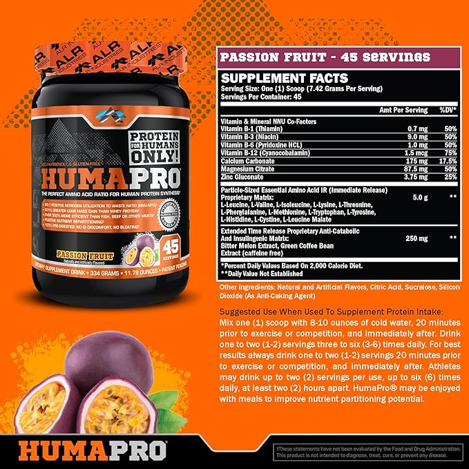 Humapro | Amino Acids Protein Matrix for Humans | 99% Utilization for Lean Muscle | Vegan Gluten Free | 334g / 45 Servings (Passion Fruit)