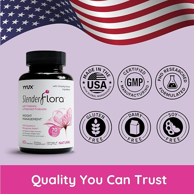 SlenderFlora - Menopause Probiotic Supplement | Weight Management Hot Flashes Night Sweats Bloating | 70 Billion CFU | Gluten Soy &amp Dairy Free | 60 Ct Pack of 2