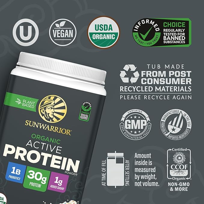 Sunwarrior Organic Plant Based Protein Powder | Vegan Organic Protein Powder with BCAA Amino Acids Plus Recovery Minerals &amp Botanicals | Non-GMO Soy Dairy &amp Gluten Free (Cake Batter 20 Servin