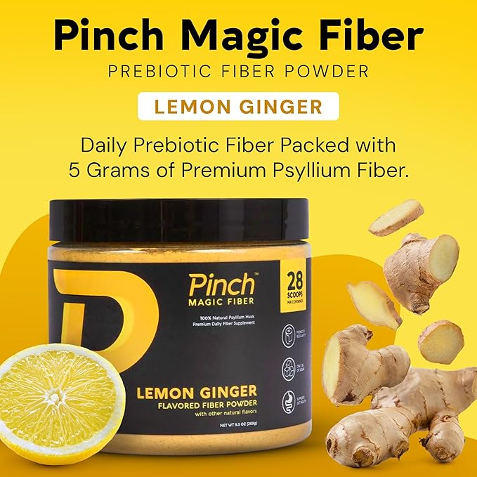 Pinch Magic Fiber &amp Mixer Set | Prebiotic Fiber Supplement for Gut Health | Psyllium Husk Powder Keto Vegan Low Sugar | Portable Hand Mixer for Smooth Blending | USA-Made Lemon Ginger Flavor