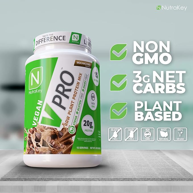 NutraKey V-Pro Raw Plant Protein Powder Organic Vegan Low Carb Gluten Free with with 20g of Protein (Mocha) 2-Pound