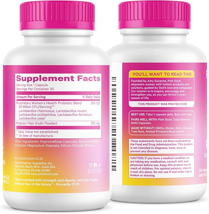 Pink Stork Women’s Health Probiotic 50 Billion CFU | Clinically Studied Probiotics | Vaginal Gut Mood &amp Hormone Balance | Yeast &amp Odor Support | Probiotic and Prebiotic Blend | 30 Vegan Ca