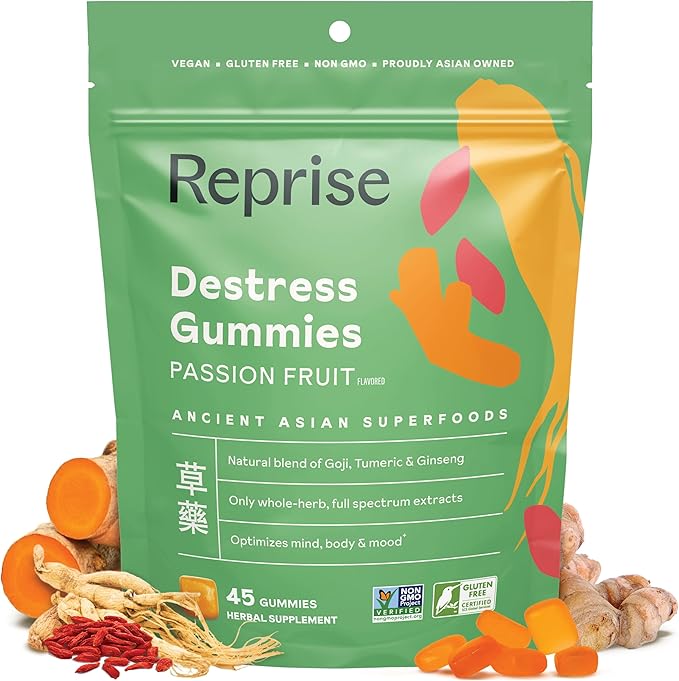 De-Stress Gummies with American Ginseng Turmeric and Goji - Assist with Stress Relief &amp Mood Boost All-Natural Relaxation Low-Sugar 45 Vegan Gummies Passion Fruit (Pack of 1)