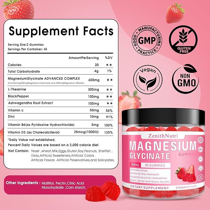 Magnesium Glycinate Gummies 400 mg with AshwagandhaMagnesium Malate &amp L-Theanine for Women Men &amp Kids AdultsChewable Complex Supplements for SleepCalmNervesHeartMuscles90 Count