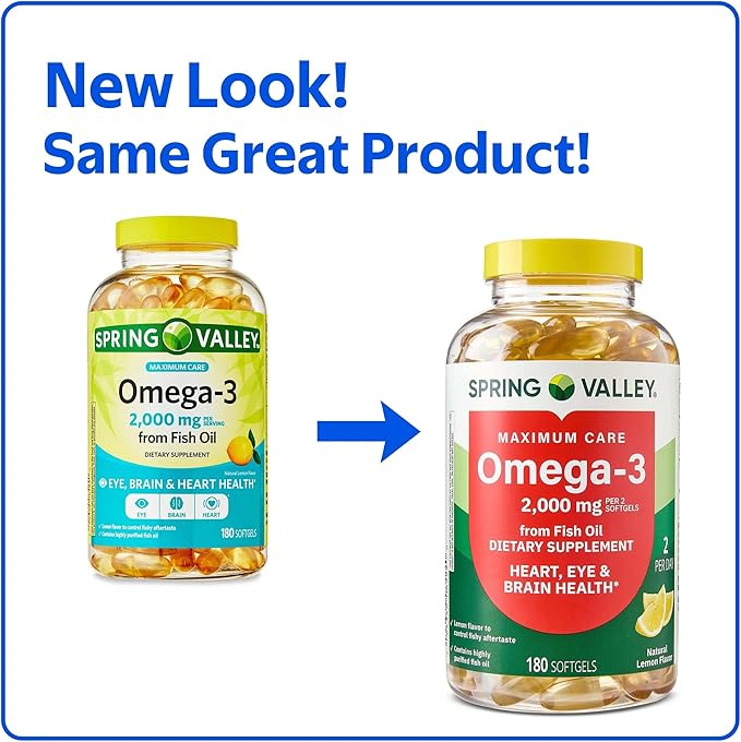 SUREFECT Spring Valley Maximum Care Omega-3 2000mg Fish Oil - 180 Softgels - General Wellness &amp Cardiovascular Support* - High EPA/DHA (1480mg) Lemon Flavor Organizer.