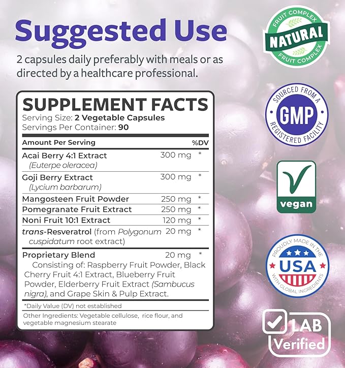 Super Antioxidants Supplement for Women &amp Men - High Potency Herbal &amp Fruit Blend with Acai Goji Pomegranate Elderberry &amp Resveratrol for Skin Care &amp Immune Support - Vegan &amp No