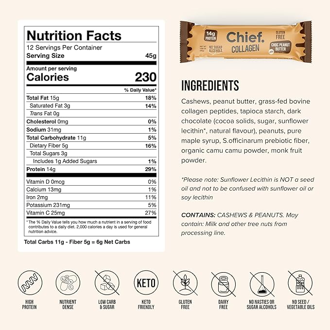 Chief Collagen Protein Bar Choc Peanut Butter 100% Natural Ingredients Keto &amp Paleo Friendly Snack Gluten Free &amp Low Sugar 12 Pack