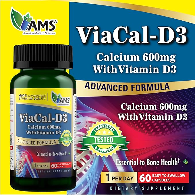America Medic &amp Science ViaCal-D3 – Calcium 600mg with Vitamin D3 – Supports Bone Strength Muscle Function &amp Mobility – Helps Maintain Healthy Calcium Levels for Overall Wellness – 60 Capsule