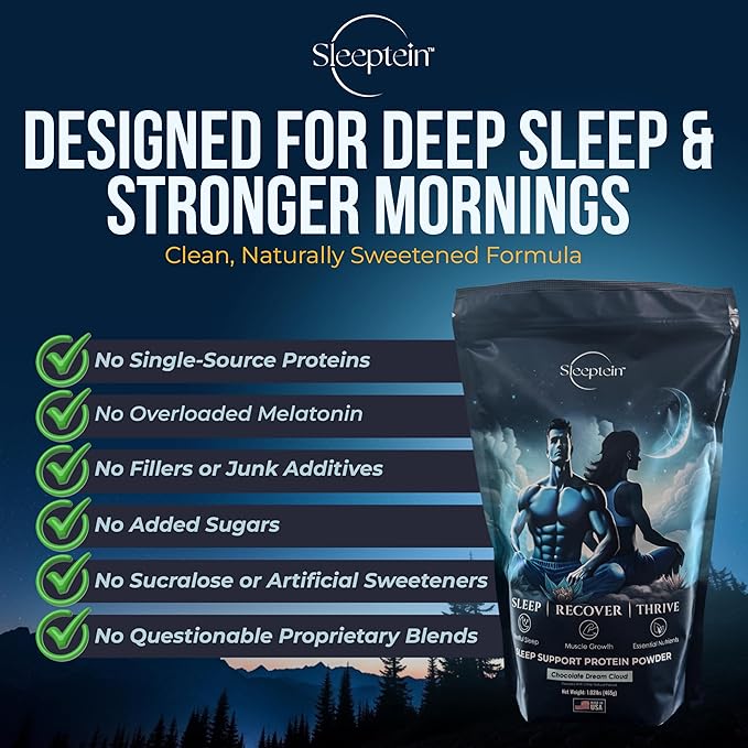 Sleeptein™ Sleep Support Protein Powder Nighttime Recovery with Casein Grass Fed Whey Magnesium GABA L-Theanine Melatonin and Natural Sleep Aids