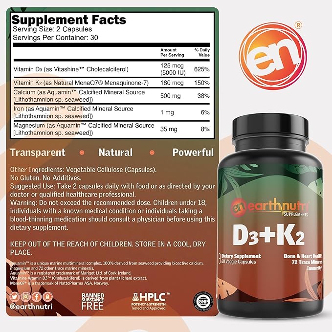 EarthNutri - Vitamin D3 Plus K2 Vitamin Supplement 5000 IU – Includes K2 from MENA Q7 D3 from Vitashine Calcium from Aquamin &amp 72 Trace Minerals – for Immune Bone &amp Heart Health - Non-GMO