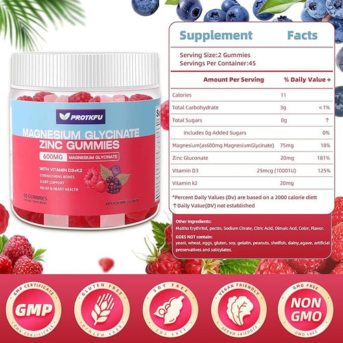 90 CT Magnesium Glycinate Gummies 600mg Sugar Free Magnesium Gummies w/Zinc &amp Vitamin D3 - Magnesium Supplements for Sleep Supports Bone Health Nerve &amp Immune Function