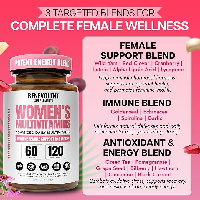 Multivitamin for Women - Supplement for Energy Immunity &amp Female Support - Daily Vitamins for Women with Biotin Calcium Magnesium - Non-GMO Vegetarian Women’s Multivitamin - 120 Caps