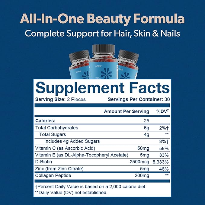 BIOMA Hair Skin &amp Nails Beauty Gummies - Supports Growth &amp Strength with Biotin Collagen Zinc &amp Vitamins C &amp D - Gluten-Free - 180 Gummies (90-Day Supply 3 Pack)