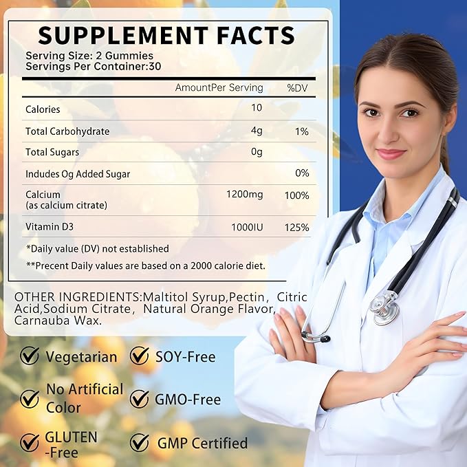 (2 Pack) Calcium Citrate with Vitamin D3 Gummies1200 Mg Calcium Supplements for Women and Men - Supports Bone Muscle &amp TeethHigh Absorption - Easy to DigestVeganOrange Flavor - 120 Count