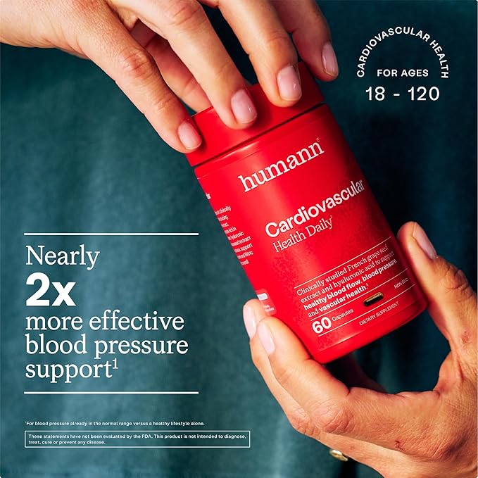 Humann Cardiovascular Health Daily 4-in-1 Vascular &amp Blood Pressure Support Grape Seed Extract &amp Hyaluronic Acid Circulation Supplement Plant-Based Non-GMO 120 Capsules