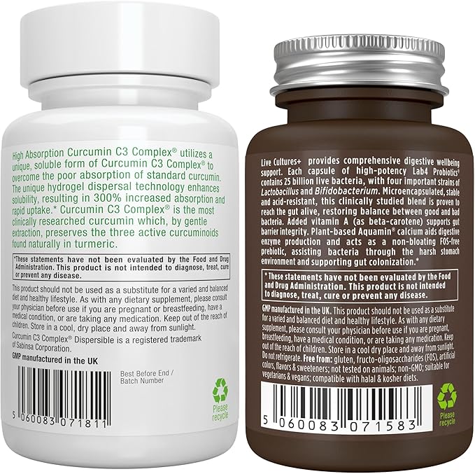 Live Cultures+ Lab4 Probiotics + High Absorption Curcumin C3 Complex Vegan Bundle 25 Billion CFU Probiotic Non-Bloating Prebiotic + 300% Greater Absorption Curcuminoids with Rapid Uptake By Igennus