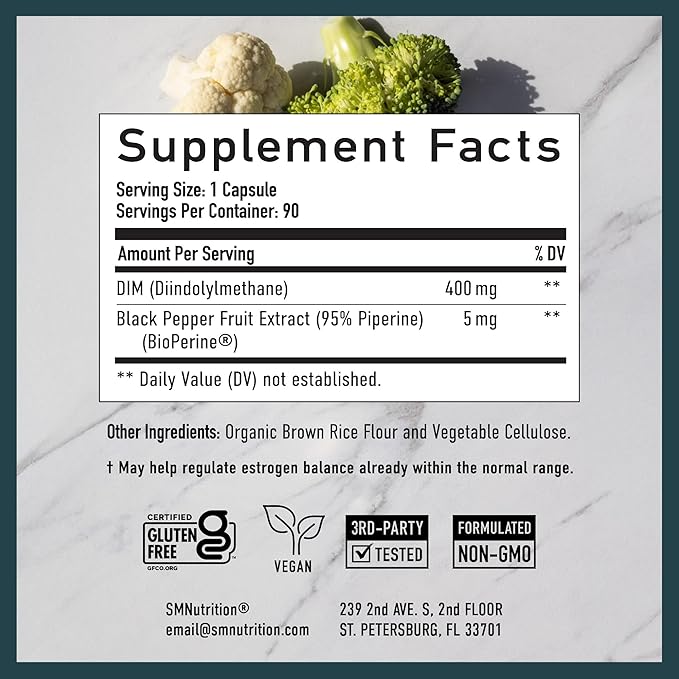 DIM Supplement 400MG Extra Strength | Hormone Balance for Men and Women | Menopause Acne Hot Flashes Relief Prostate Support &amp Antioxidant Support | Soy-Free Gluten-Free | SMNutrition | 90 Ct.