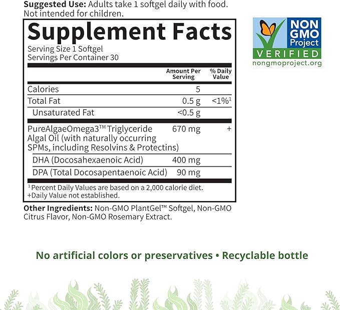 Garden of Life Omega 3 Vegan DHA Supplements Dr. Formulated Vegan DHA 400mg DHA &amp 90mg DPA in Triglyceride Form from a Single Source Omega 3 Supplement for Women's and Men's Health 30 Softgels