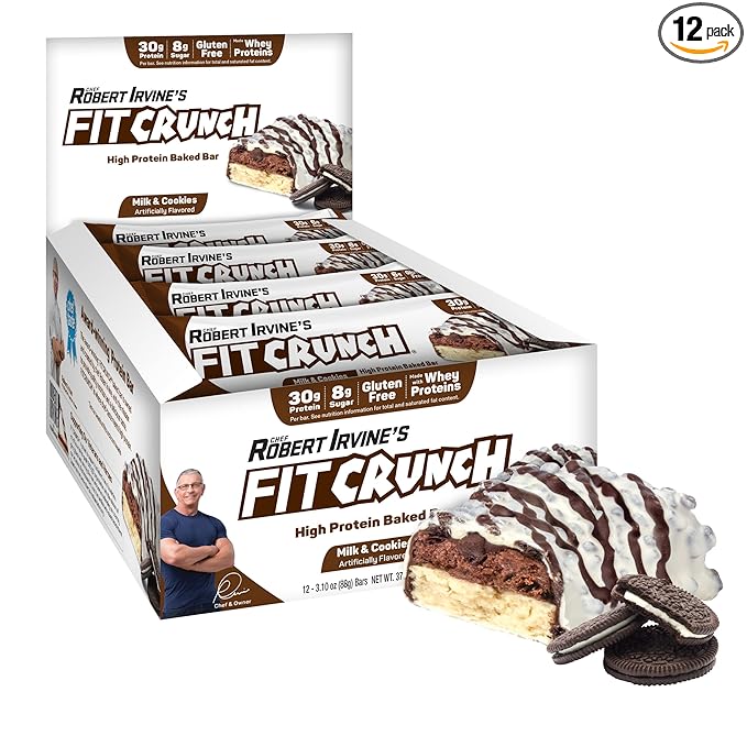 FITCRUNCH Full Size Protein Bars 6-Layer Baked Bar 8g of Sugar Gluten Free &amp Soft Cake Core (12 Bars Milk and Cookies)