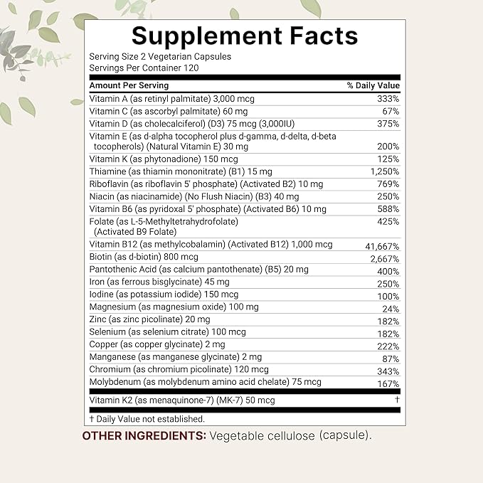 Micro Ingredients Methylated Bariatric Multivitamin with 45mg Iron for Women &amp Men 240 Veggie Capsules | 23-in-1 Essential Vitamins with D3 K2 Zinc &amp More| No Fillers Non-GMO