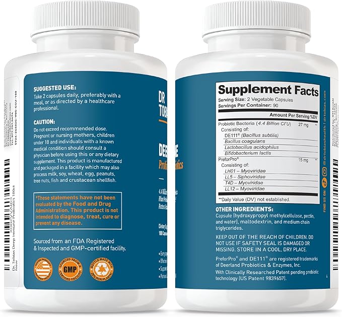 Dr. Tobias Deep Immune Probiotics &amp Prebiotics - Dual Action Digestion &amp Immune Support with PreforPro Prebiotics &amp Spore Forming Probiotics for Women &amp Men - 180 Capsules (90 Servings