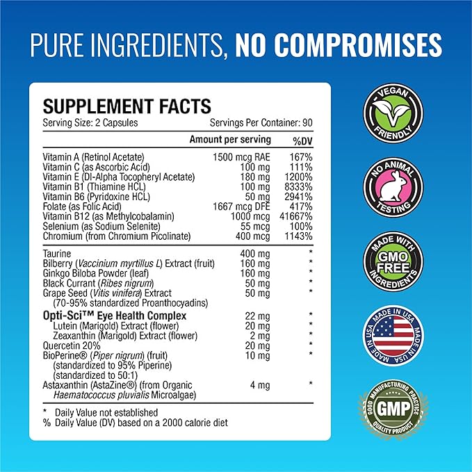 Approved Science EyeSyl - Eye Support Supplement - Chromium Picolinate Taurine Lutein Zeaxanthin Bilberry BioPerine - 3 Month Supply - 180 Capsules - Made in USA