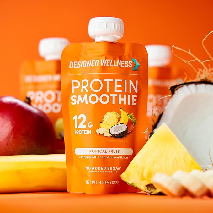 Designer Wellness Protein Smoothie Real Fruit 12g Protein Low Carb Zero Added Sugar Gluten-Free Non-GMO No Artificial Colors or Flavors Tropical 12 Count
