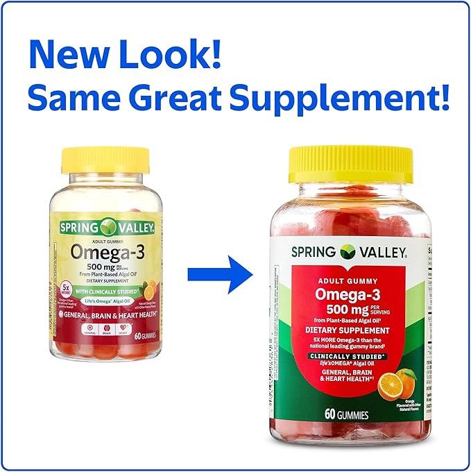 SUREFECT Spring Valley Omega-3 from Plant-Based Algal Oil Gummies for Brain &amp Heart Health Support Orange 500 mg 60 Count Organizer.