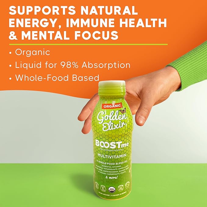 BoostMe Golden Elixir Liquid Multivitamin - Daily Vitamins Superfood with Antioxidant Blend &amp Balanced Wellness Formula Liquid - Plant-Based Immune Support Supplement for Everyday Balance &amp He