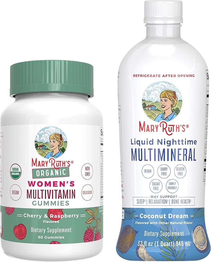MaryRuth's Multivitamin Gummies for Women (Cherry &amp Raspberry) &amp Liquid Nighttime Multimineral Coconut (32oz) | Clean Label Project Verified® | Vegan | Beauty Bedtime Routine &amp Overall H