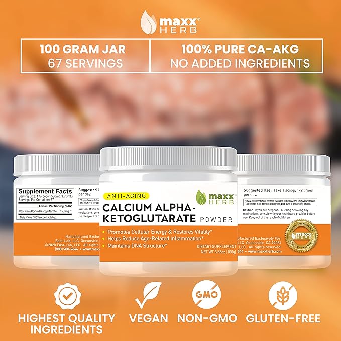 Maxx Herb Calcium AKG Pure Calcium Alpha - Ketoglutarate Powder (Ca-AKG) for Energy Vitality Mental Focus Clarity &amp DNA Structure Non-GMO &amp Gluten Free - 100 Gram Jar (67 Servings)