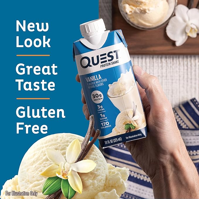 Quest Vanilla Protein Shake High Protein Low Carb Gluten Free Keto Friendly 11 Fl.Oz 4 Count (Pack of 3) &amp Quest Nutrition Protein Chips Variety Pack (BBQ Cheddar &amp Sour Cream Sour Cre