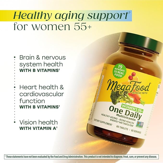 MegaFood Multivitamin for Women 55+ One Daily Womens Multivitamin with Vitamin D3 C Zinc &amp Bioavailable Vitamin B12 &amp Folate - Healthy Aging Brain &amp Bone Health Vegetarian 90 Tablets