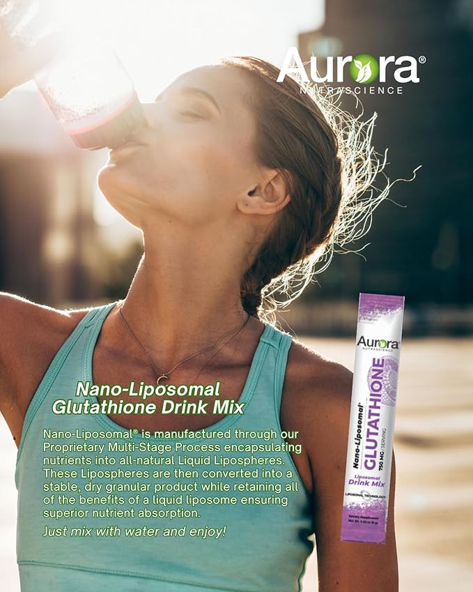 Aurora Nutrascience Nano-Liposomal Glutathione Grape Powdered Drink Mix Immune &amp Antioxidant Gut Health Support Supplement 750 mg per Serving Non-GMO Sugar-Free 30 Single Serve Packets