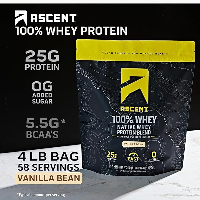 Ascent 100% Whey Native Whey Protein Blend - Clean Post Workout Recovery Digesting Zero Artificial Flavors &amp Sweeteners Gluten Free 5.5g BCAA 2.6g Leucine Vanilla 4lb + Chocolate 4lb