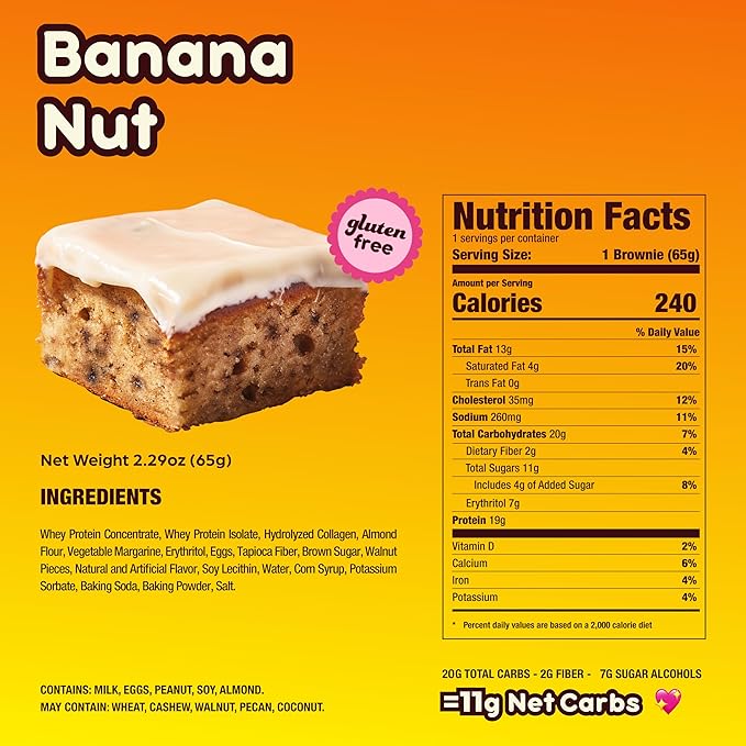 Prime Bites High Protein Brownie (12 Per Box Banana Nut) - 19g of Protein 5g of Collagen Gluten Free Low Sugar Treat Delicious Protein Snack