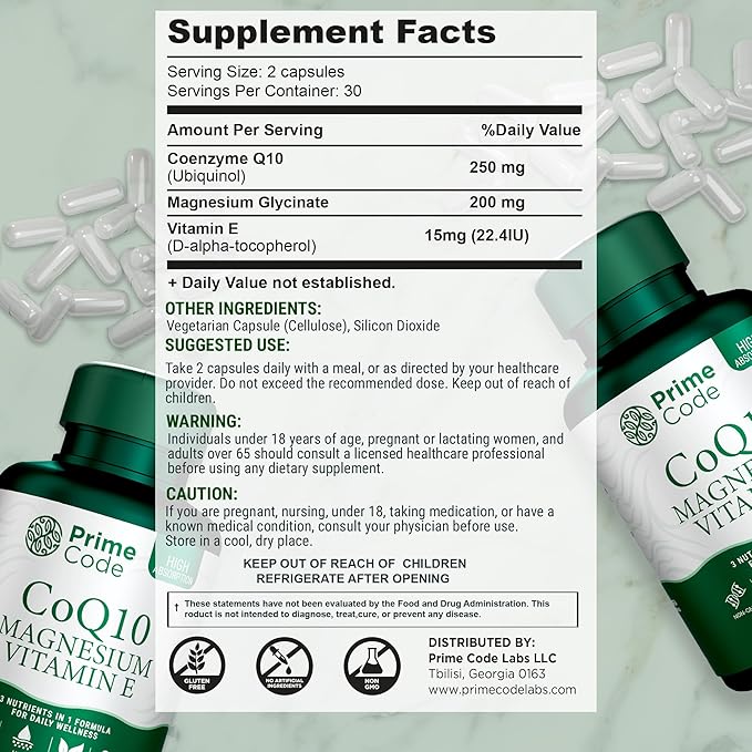 Prime Code [ 3 𝐢𝐧 𝟏] CoQ10 250mg with Magnesium Glycinate and Vitamin E | CoQ10 Capsules 250mg | Magnesium Glycinate 200mg | Vitamin E 15mg | Non-GMO | Gluten &amp Soy Free | Vegan