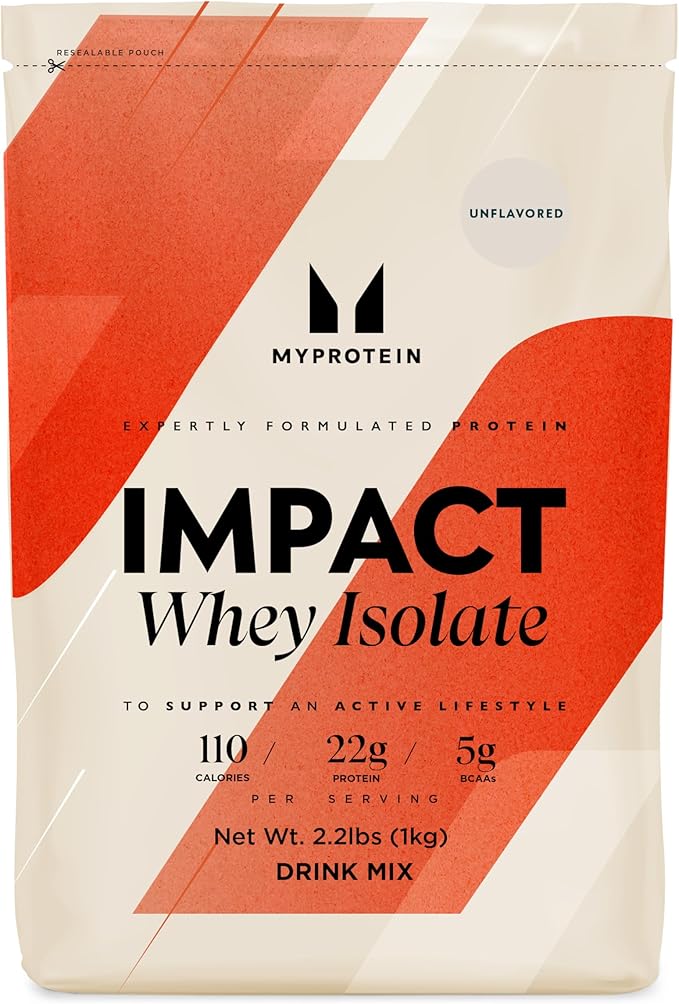 Myprotein Impact Whey Protein Isolate 2.2 Lbs (40 Servings) Unflavored 22g Protein 3.5g Glutamine &amp 4.5g BCAA Per Serving Shake for Muscle Strength &amp Recovery