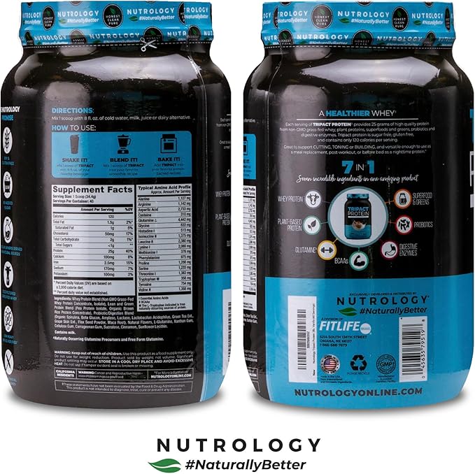 Nutrology TRIPACT Protein Powder - 7-in-1 Meal Replacement Shake with Grass Fed Whey Protein Powder Pea Rice Greens for Muscle Recovery &amp Immunity Vanilla Latte &amp Cinnamon Flavor 40 Servi