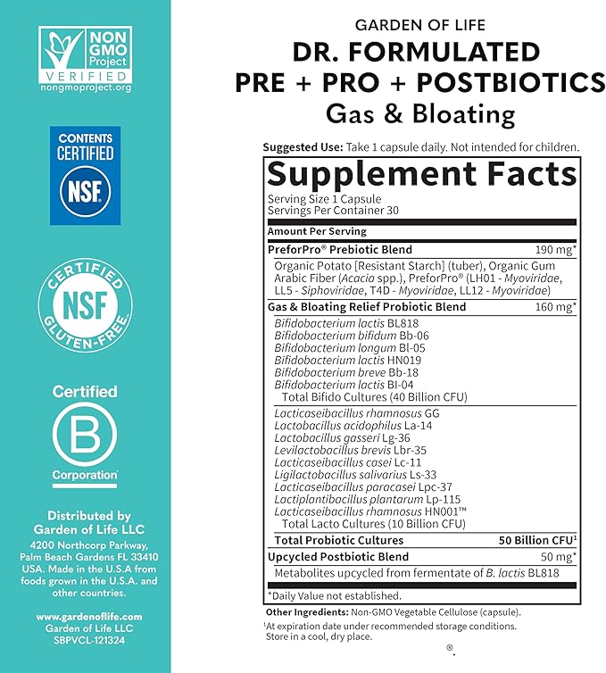 Garden of Life Dr. Formulated Pre Post &amp Probiotics Gas &amp Bloating Once Daily 3-in-1 Complete Prebiotics Postbiotics &amp Probiotics – 50 Billion CFU Non-GMO Gluten-Free 30 Day Supply