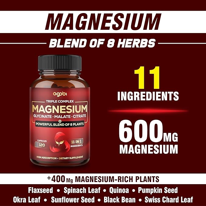 Magnesium Triple Complex - 600mg Magnesium Glycinate Malate &amp Citrate - Added Spinach Swiss Chard &amp Others - Support Calm Restful Mood &amp Muscle Cramp - 120 Capsules