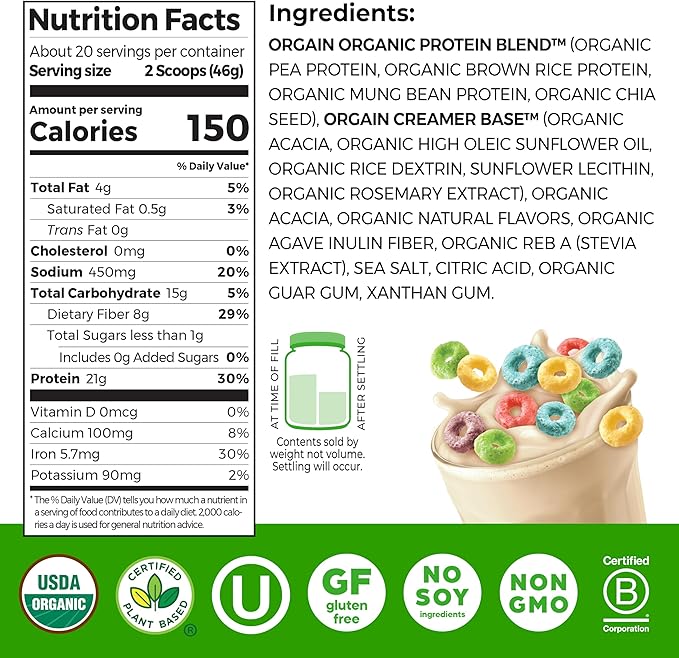 Orgain Organic Vegan Protein Powder Fruity Cereal - 21g Plant Based Protein 8g Prebiotic Fiber Low Net Carb No Lactose Ingredients No Added Sugar Non-GMO For Shakes &amp Smoothies 2.03 lb