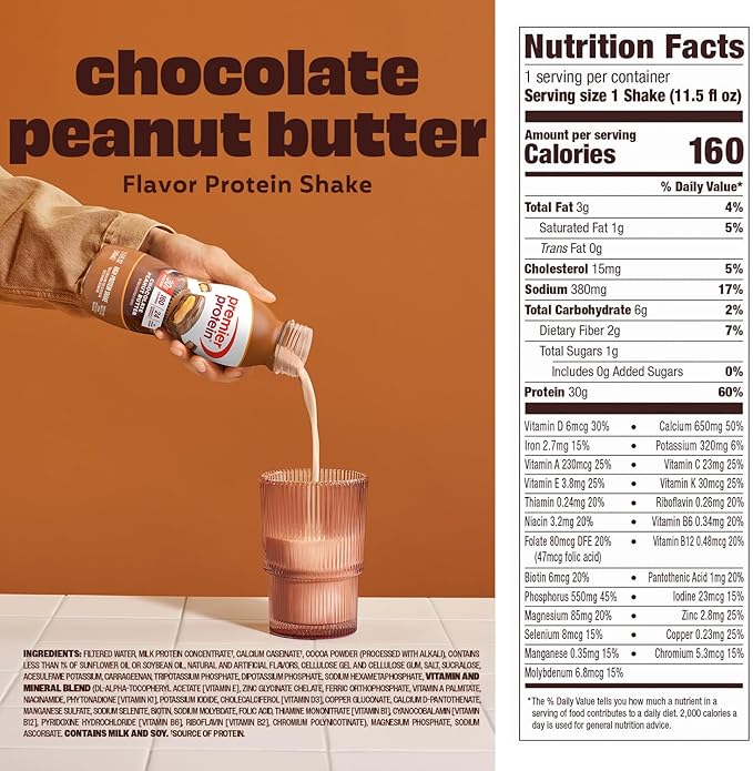 Premier Protein Shake Chocolate Peanut Butter 30g Protein No Added Sugar 24 Vitamins &amp Minerals to Support Immune Health 11.5 fl oz 12 Pack