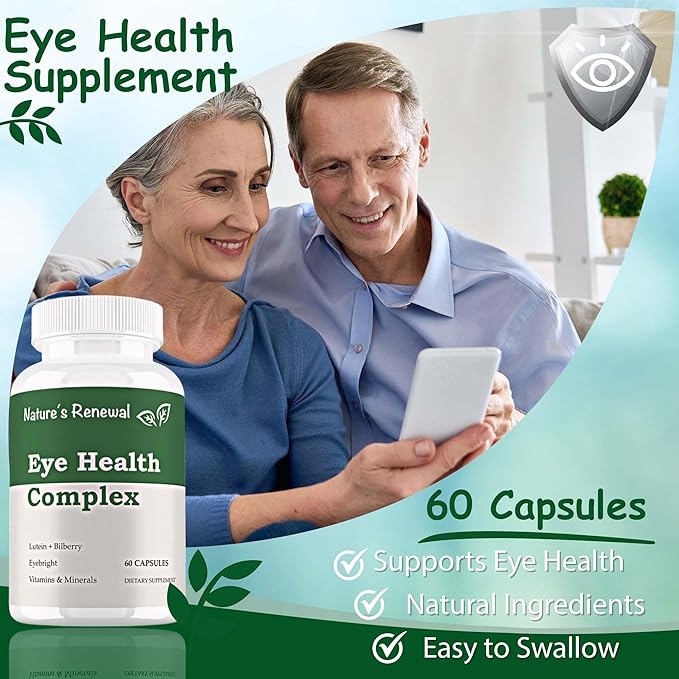 Nature's Renewal Eye Health Complex Supplement - Lutein Zeaxanthin Lycopene Bilberry Eyebright Carotenoids Macular Support Herbs Sight Care Vitamins Vision Antioxidants - 60 Capsules