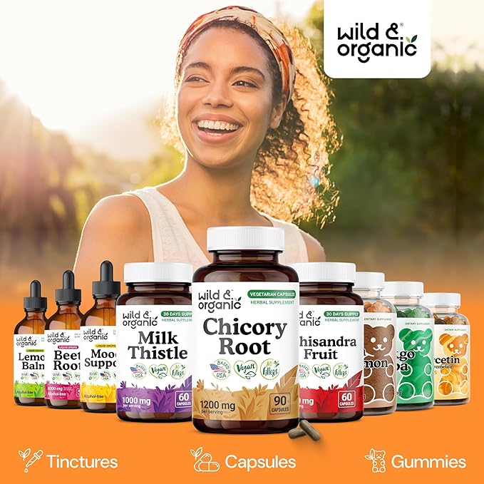 Wild &amp Organic Chicory Root Capsules - 1200 mg of Chicory Root Powder per Serving - Digestive &amp Gut Support - Inulin Fiber Prebiotic Supplement - Non-GMO Vegan Inulin Capsules - 90 Count