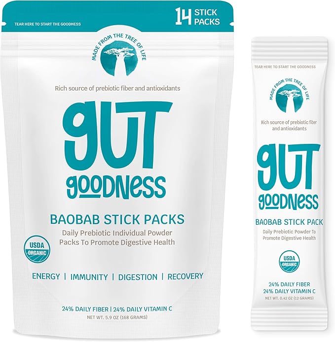 Organic Prebiotic Baobab Powder Stick Packs - Daily Fiber Digestive Health Energy &amp Recovery - Nutrient-Rich - Vitamin Dietary Fiber