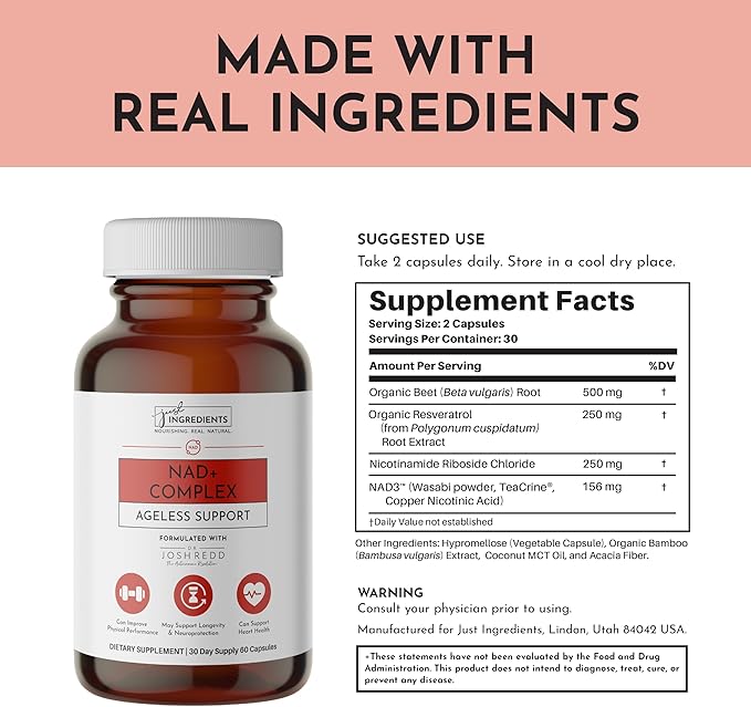 JUST INGREDIENTS NAD+ Supplement – 60 Capsules – Supports Cellular Energy Healthy Aging Mitochondrial Function &amp DNA Repair – with Nicotinamide Riboside Resveratrol Beet Root &amp NAD3® Compl